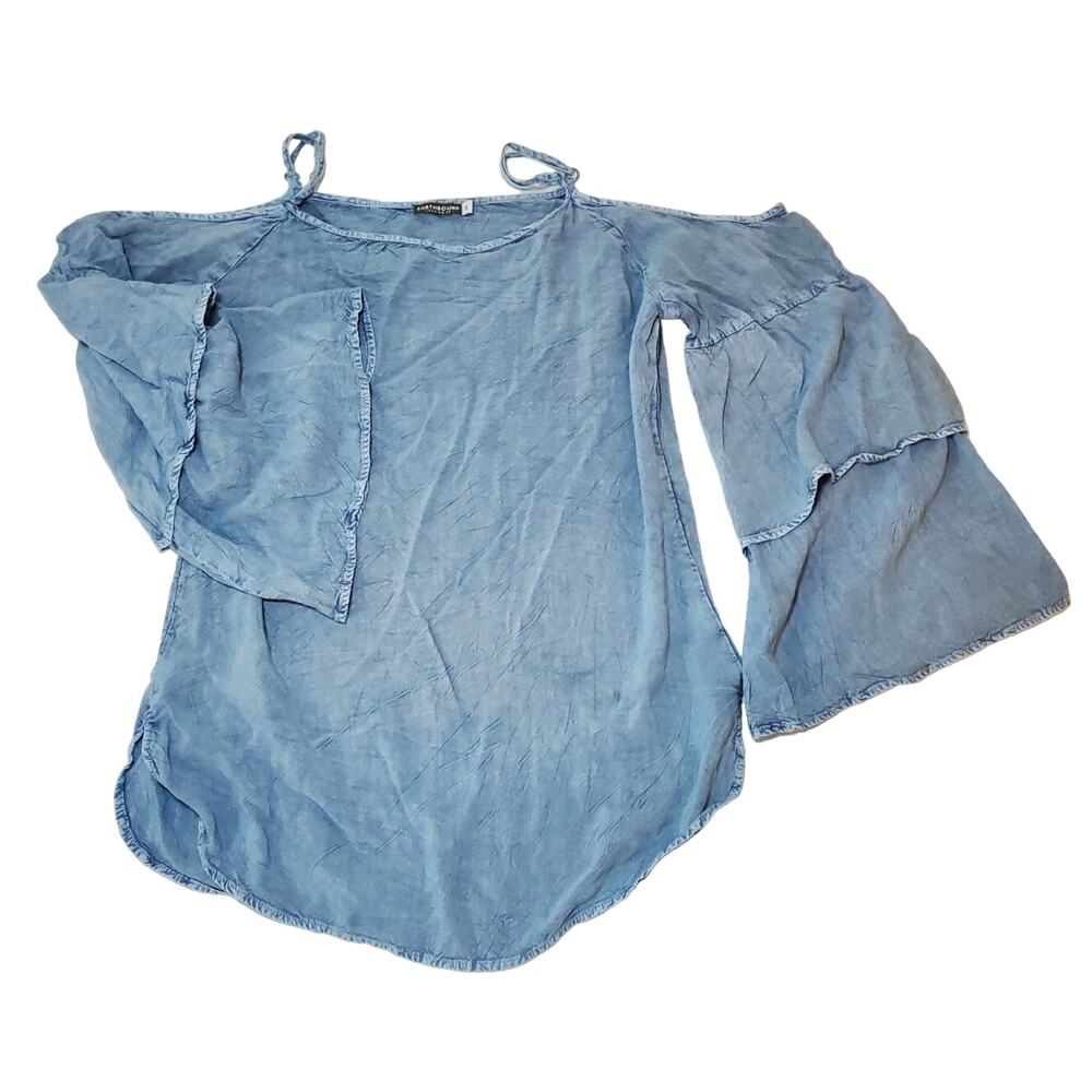 Earthbound Women's Shirt S Blue Off Shoulder Tiered Flare Sleeve